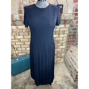 Dress 1980s Navy pleated bodice swing skirt shoulder pads
